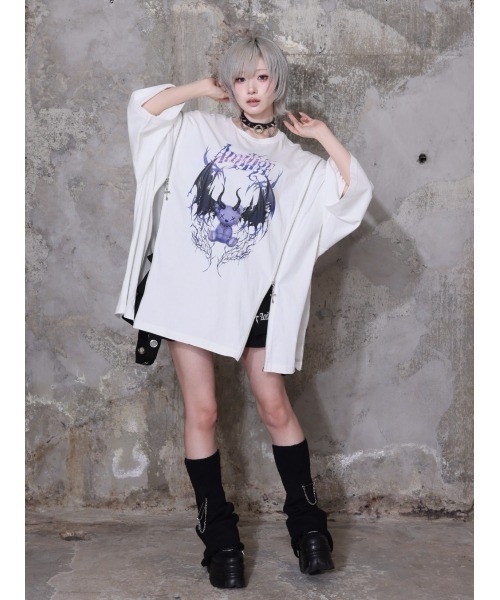Amilige（アミリージュ）の「Devil bat Bear ZIP Tシャツ（Tシャツ/カットソー・レディース・ホワイト×パープル/ブラック×グレー/ブラック×ピンク/ブラック×パープル・FREE）」の21枚目の写真