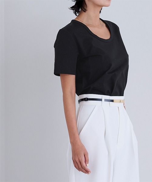 UR'S（ユアーズ）の「【接触冷感】エコUネックTシャツ（Tシャツ/カットソー・レディース・チャコール/ライトブルー/ブラック/ホワイト/ネイビー・S/L/M）」の14枚目の写真