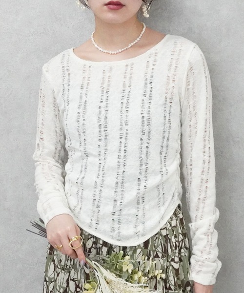 Emma(SELECT LEVERY)(エマ セレクトリベリー)の「ダメージシアーニットソー(Tシャツ/カットソー・レディース・オフホワイト/グレー/チャコール・FREE)」の14枚目の写真