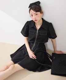 バイカラーパフスリーブミニニットワンピース 春服 夏服（ワンピース