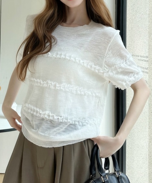 Ada.（エイダ）の「フリル デザイン シアー 半袖 ニット トップス（ニット/セーター・レディース・イエロー/ライトグレー/ホワイト・FREE）」の5枚目の写真