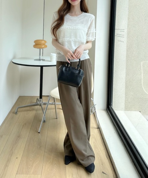 Ada.（エイダ）の「フリル デザイン シアー 半袖 ニット トップス（ニット/セーター・レディース・イエロー/ライトグレー/ホワイト・FREE）」の7枚目の写真