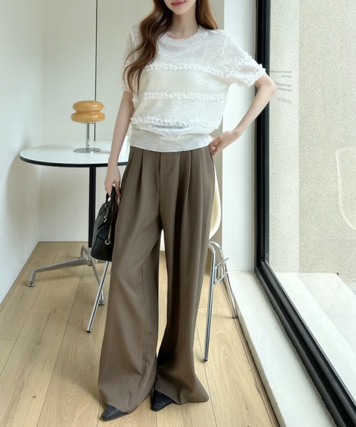 Ada.（エイダ）の「フリル デザイン シアー 半袖 ニット トップス（ニット/セーター・レディース・イエロー/ライトグレー/ホワイト・FREE）」の8枚目の写真