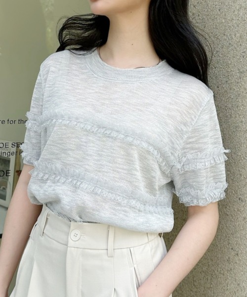 Ada.（エイダ）の「フリル デザイン シアー 半袖 ニット トップス（ニット/セーター・レディース・イエロー/ライトグレー/ホワイト・FREE）」の9枚目の写真