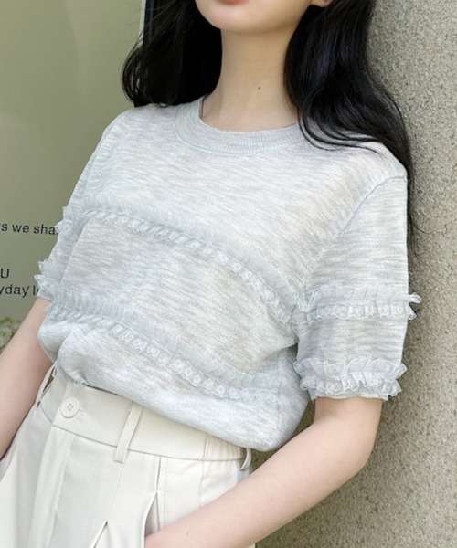 Ada.（エイダ）の「フリル デザイン シアー 半袖 ニット トップス（ニット/セーター・レディース・イエロー/ライトグレー/ホワイト・FREE）」の10枚目の写真