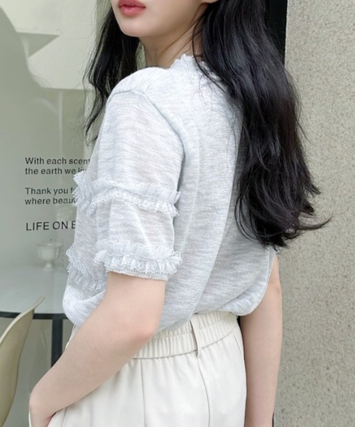 Ada.（エイダ）の「フリル デザイン シアー 半袖 ニット トップス（ニット/セーター・レディース・イエロー/ライトグレー/ホワイト・FREE）」の11枚目の写真