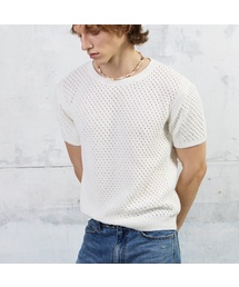 KUME（クメ）の「Men Waffle Crochet Short Sleeved Knit Top, Ivory（ニット/セーター）」