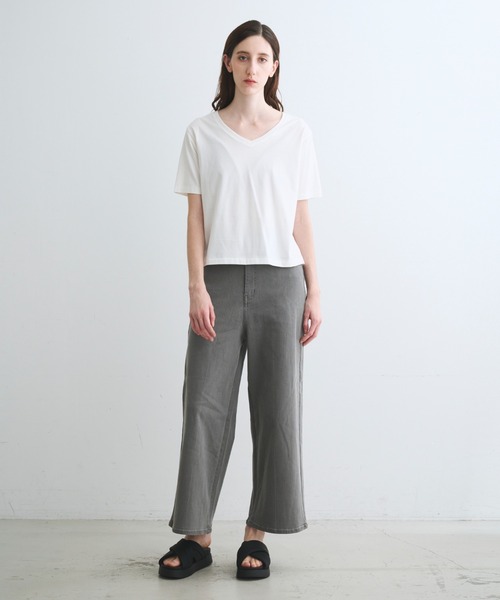 three dots(スリードッツ)の「スビン28 ジャージー VネックTシャツ(Tシャツ/カットソー・レディース・レモンイエロー/ネイビー/ホワイト系その他・SMALL)」の12枚目の写真