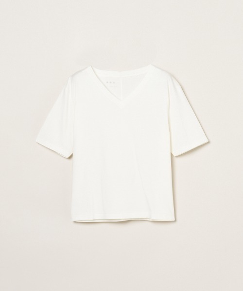 three dots(スリードッツ)の「スビン28 ジャージー VネックTシャツ(Tシャツ/カットソー・レディース・レモンイエロー/ネイビー/ホワイト系その他・SMALL)」の16枚目の写真