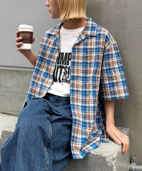 CIAOPANIC TYPY（チャオパニックティピー）の「【ユニセックス】パナマ織り/袖配色/クロス半袖チェックシャツ（シャツ/ブラウス・レディース・ベージュ/ミント/グリーン/ブルー・LARGE/MEDIUM）」の4枚目の写真