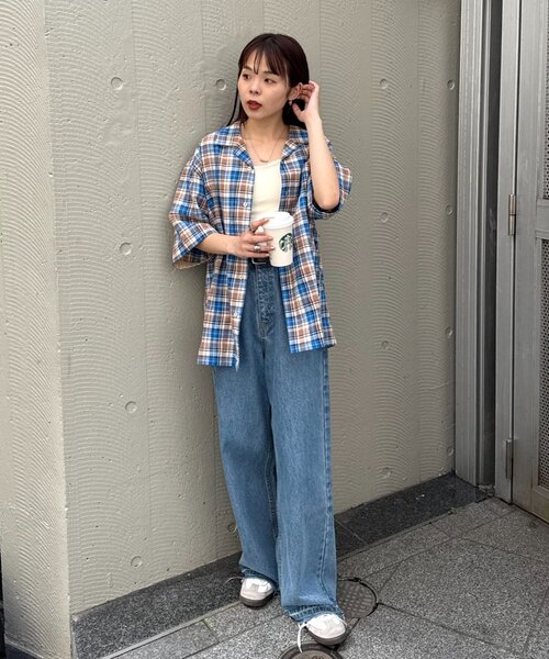 CIAOPANIC TYPY（チャオパニックティピー）の「【ユニセックス】パナマ織り/袖配色/クロス半袖チェックシャツ（シャツ/ブラウス・メンズ・ベージュ/ミント/グリーン/ブルー・LARGE/MEDIUM）」の9枚目の写真