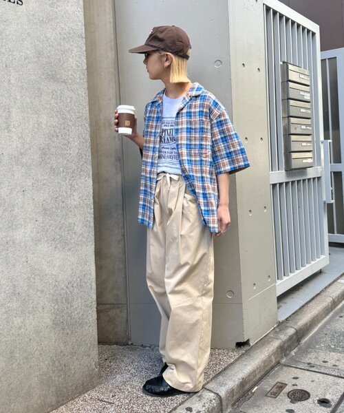 CIAOPANIC TYPY（チャオパニックティピー）の「【ユニセックス】パナマ織り/袖配色/クロス半袖チェックシャツ（シャツ/ブラウス・メンズ・ベージュ/ミント/グリーン/ブルー・LARGE/MEDIUM）」の10枚目の写真