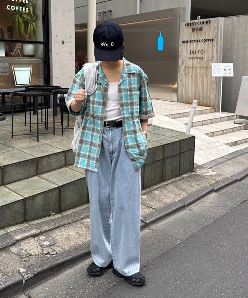 CIAOPANIC TYPY（チャオパニックティピー）の「【ユニセックス】パナマ織り/袖配色/クロス半袖チェックシャツ（シャツ/ブラウス・メンズ・ベージュ/ミント/グリーン/ブルー・LARGE/MEDIUM）」の11枚目の写真