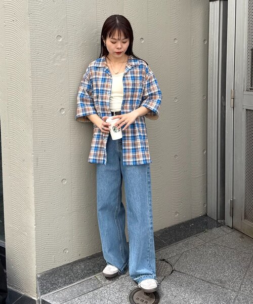CIAOPANIC TYPY（チャオパニックティピー）の「【ユニセックス】パナマ織り/袖配色/クロス半袖チェックシャツ（シャツ/ブラウス・メンズ・ベージュ/ミント/グリーン/ブルー・LARGE/MEDIUM）」の13枚目の写真
