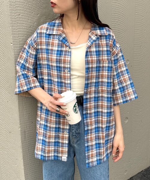 CIAOPANIC TYPY（チャオパニックティピー）の「【ユニセックス】パナマ織り/袖配色/クロス半袖チェックシャツ（シャツ/ブラウス・メンズ・ベージュ/ミント/グリーン/ブルー・LARGE/MEDIUM）」の14枚目の写真
