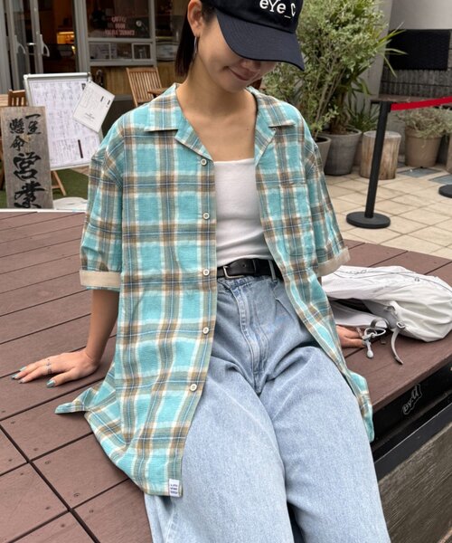 CIAOPANIC TYPY（チャオパニックティピー）の「【ユニセックス】パナマ織り/袖配色/クロス半袖チェックシャツ（シャツ/ブラウス・レディース・ベージュ/ミント/グリーン/ブルー・LARGE/MEDIUM）」の22枚目の写真