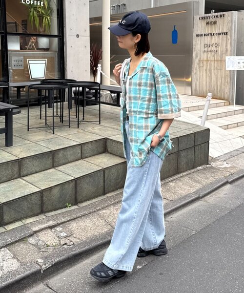 CIAOPANIC TYPY（チャオパニックティピー）の「【ユニセックス】パナマ織り/袖配色/クロス半袖チェックシャツ（シャツ/ブラウス・レディース・ベージュ/ミント/グリーン/ブルー・LARGE/MEDIUM）」の18枚目の写真