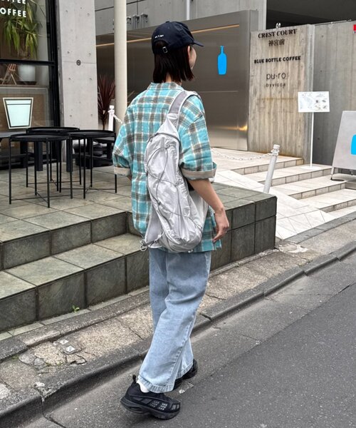 CIAOPANIC TYPY（チャオパニックティピー）の「【ユニセックス】パナマ織り/袖配色/クロス半袖チェックシャツ（シャツ/ブラウス・レディース・ベージュ/ミント/グリーン/ブルー・LARGE/MEDIUM）」の17枚目の写真