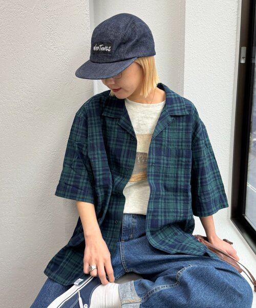 CIAOPANIC TYPY（チャオパニックティピー）の「【ユニセックス】パナマ織り/袖配色/クロス半袖チェックシャツ（シャツ/ブラウス・レディース・ベージュ/ミント/グリーン/ブルー・LARGE/MEDIUM）」の16枚目の写真