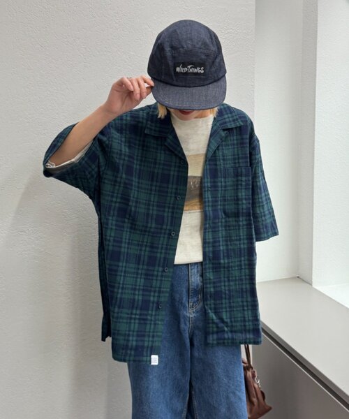 CIAOPANIC TYPY（チャオパニックティピー）の「【ユニセックス】パナマ織り/袖配色/クロス半袖チェックシャツ（シャツ/ブラウス・レディース・ベージュ/ミント/グリーン/ブルー・LARGE/MEDIUM）」の15枚目の写真