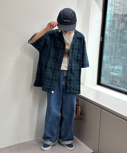 CIAOPANIC TYPY（チャオパニックティピー）の「【ユニセックス】パナマ織り/袖配色/クロス半袖チェックシャツ（シャツ/ブラウス・レディース・ベージュ/ミント/グリーン/ブルー・LARGE/MEDIUM）」の12枚目の写真