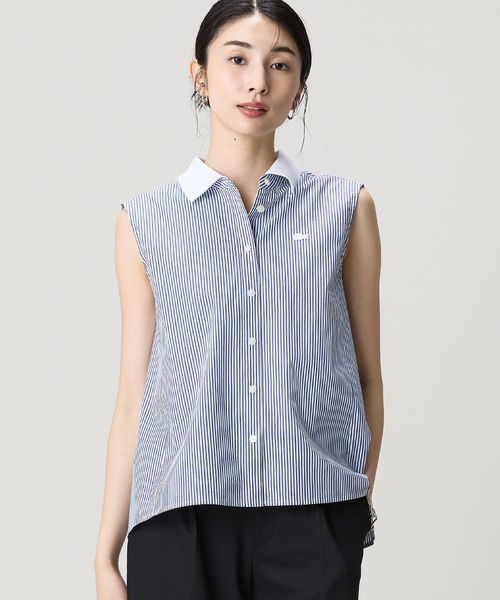 LACOSTE(ラコステ)の「ノースリーブAラインシャツ / ブルーストライプ オフホワイト ライトブルー(シャツ/ブラウス・レディース・ネイビー/オフホワイト/ライトブルー・38/40/34/36)」の1枚目の写真
