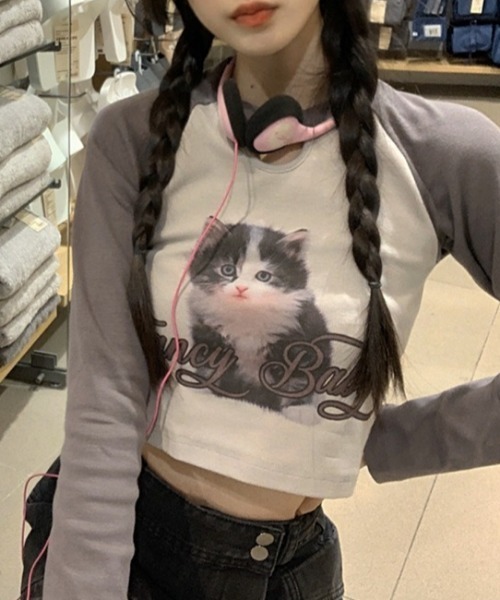 Vipoa(ヴィポア)の「CATプリントラグラントップス(Tシャツ/カットソー・レディース・ピンク/ホワイト・FREE)」の1枚目の写真