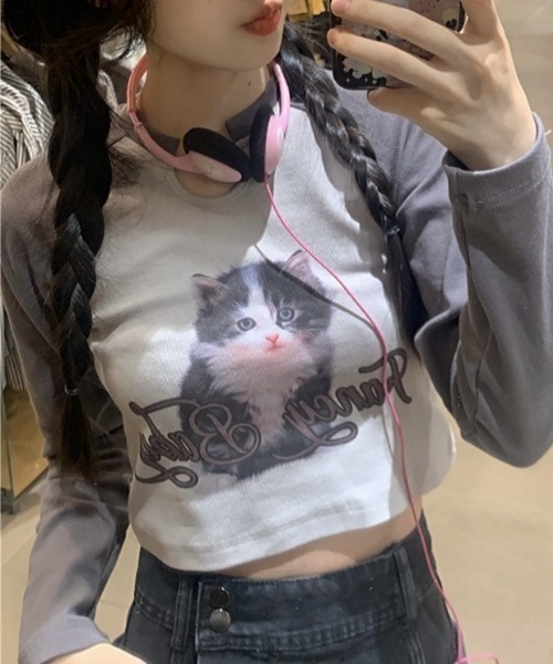 Vipoa(ヴィポア)の「CATプリントラグラントップス(Tシャツ/カットソー・レディース・ピンク/ホワイト・FREE)」の5枚目の写真