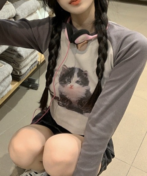 Vipoa(ヴィポア)の「CATプリントラグラントップス(Tシャツ/カットソー・レディース・ピンク/ホワイト・FREE)」の8枚目の写真