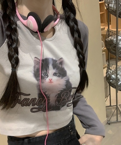 Vipoa(ヴィポア)の「CATプリントラグラントップス(Tシャツ/カットソー・レディース・ピンク/ホワイト・FREE)」の9枚目の写真