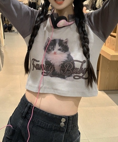 Vipoa(ヴィポア)の「CATプリントラグラントップス(Tシャツ/カットソー・レディース・ピンク/ホワイト・FREE)」の3枚目の写真