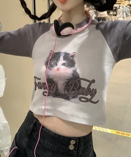 Vipoa(ヴィポア)の「CATプリントラグラントップス(Tシャツ/カットソー・レディース・ピンク/ホワイト・FREE)」の7枚目の写真