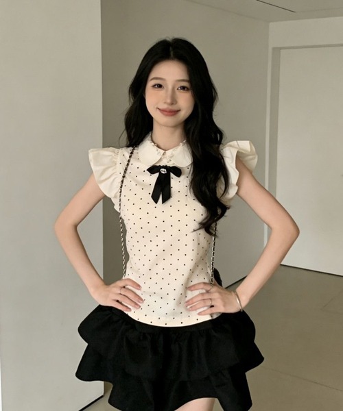 AsheKsha(アシクシャ)の「ハート柄のドット柄、ショートスリーブ、ドールカラーのトップス(シャツ/ブラウス・レディース・ベージュ・M)」の3枚目の写真