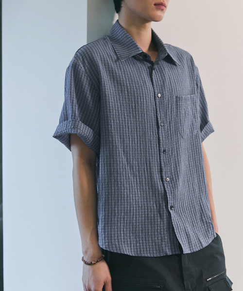 BLUESUNFLOWER（ブルーサンフラワー）の「クランクルチェック半袖シャツ[ブルー]（シャツ/ブラウス・メンズ・その他・MEDIUM/LARGE）」の5枚目の写真