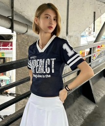 メッシュ ゲームシャツ 半袖 クロップド丈 ナンバリング ユニフォーム風 Vネック