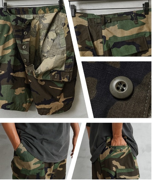 MILITARY(ミリタリー)の「実物 新品 デッドストック 米軍 リメイク WOODLAND CAMO リップストップ カーゴショーツ(カーゴパンツ・メンズ・グリーン系カモフラージュ・XL-Regular)」の3枚目の写真