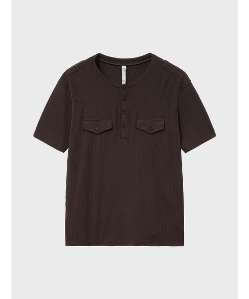 NOIRER(ノイア)の「リブヘンリーネックハーフTシャツ(ブラウン)(Tシャツ/カットソー・メンズ・その他・48/50/52)」の2枚目の写真