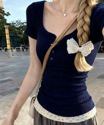 レイヤード風 花柄レース リブ ヘンリーネック 半袖トップス