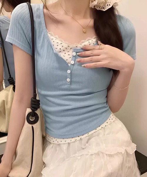 WESTSEA(ウエストシー)の「レイヤード風 花柄レース リブ ヘンリーネック 半袖トップス(Tシャツ/カットソー・レディース・ネイビー/オフホワイト/ピンク/ブルー・L/M)」の3枚目の写真