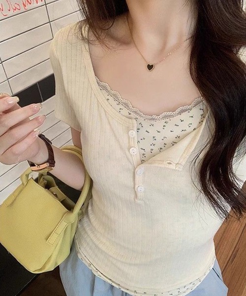 WESTSEA(ウエストシー)の「レイヤード風 花柄レース リブ ヘンリーネック 半袖トップス(Tシャツ/カットソー・レディース・ネイビー/オフホワイト/ピンク/ブルー・L/M)」の11枚目の写真
