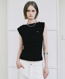 DOT SHIRRING DRAPE SLEEVELESS TOP_BLACK
