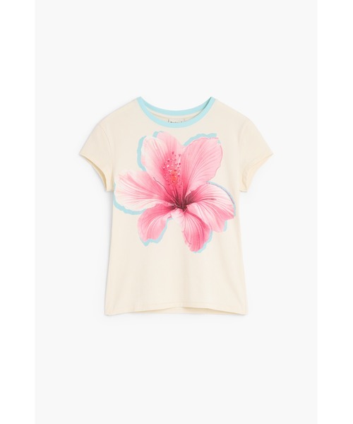 Desigual(デシグアル)の「ハイビスカスプリントリンガーTシャツ【2026秋冬新作】(Tシャツ/カットソー・レディース・ホワイト・XS/S/M/L/XL)」の1枚目の写真