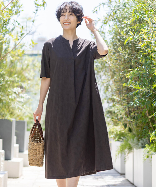 セール】キーネックジャガードワンピース【ポケット付き】（ワンピース