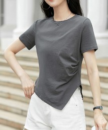 アシンメトリー裾デザイン 半袖カットソー ラウンドネック Tシャツ シンプルトップス