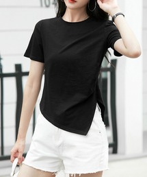 アシンメトリー裾デザイン 半袖カットソー ラウンドネック Tシャツ シンプルトップス
