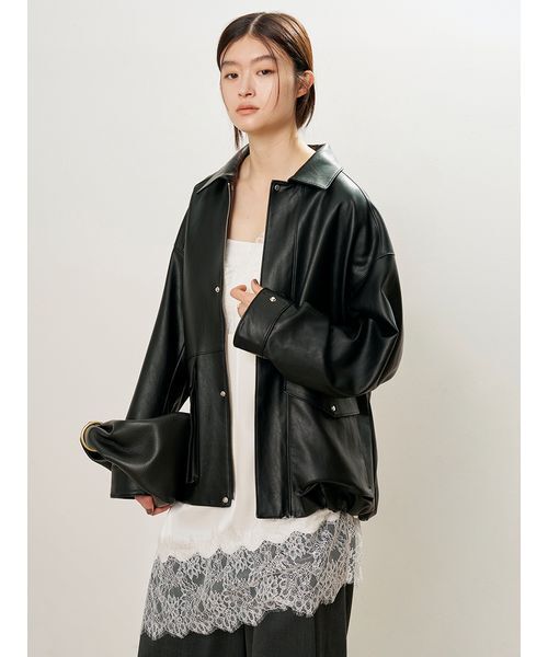 MIESROHE(ミースロエ)の「シンセティックレザーカバーオールジャケット(ライダースジャケット・レディース・ブラック/ダークブラウン・0/1)」の18枚目の写真