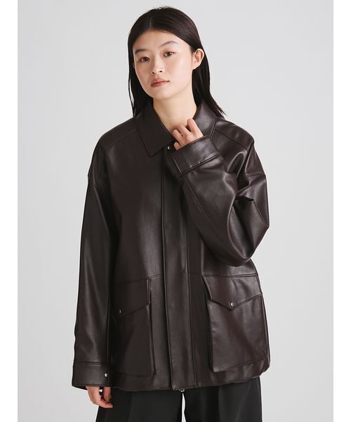MIESROHE(ミースロエ)の「シンセティックレザーカバーオールジャケット(ライダースジャケット・レディース・ブラック/ダークブラウン・0/1)」の19枚目の写真