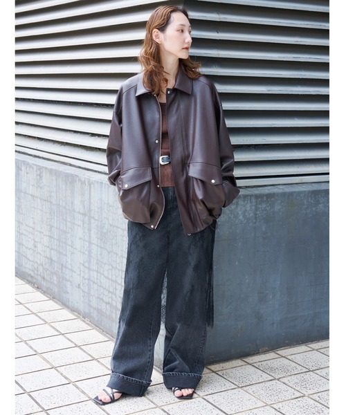 MIESROHE(ミースロエ)の「シンセティックレザーカバーオールジャケット(ライダースジャケット・レディース・ブラック/ダークブラウン・0/1)」の9枚目の写真