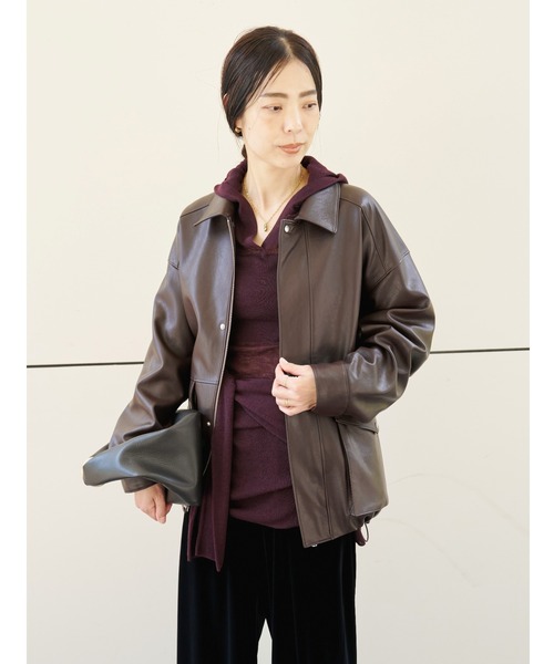 MIESROHE(ミースロエ)の「シンセティックレザーカバーオールジャケット(ライダースジャケット・レディース・ブラック/ダークブラウン・0/1)」の13枚目の写真