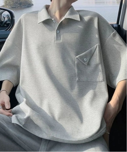 DOUBLE STEAL(ダブルスティール)の「DSデザインポケットワッフルポロTEE(ポロシャツ・メンズ・グレー/ホワイト/ブラック・X-LARGE/LARGE/MEDIUM)」の1枚目の写真